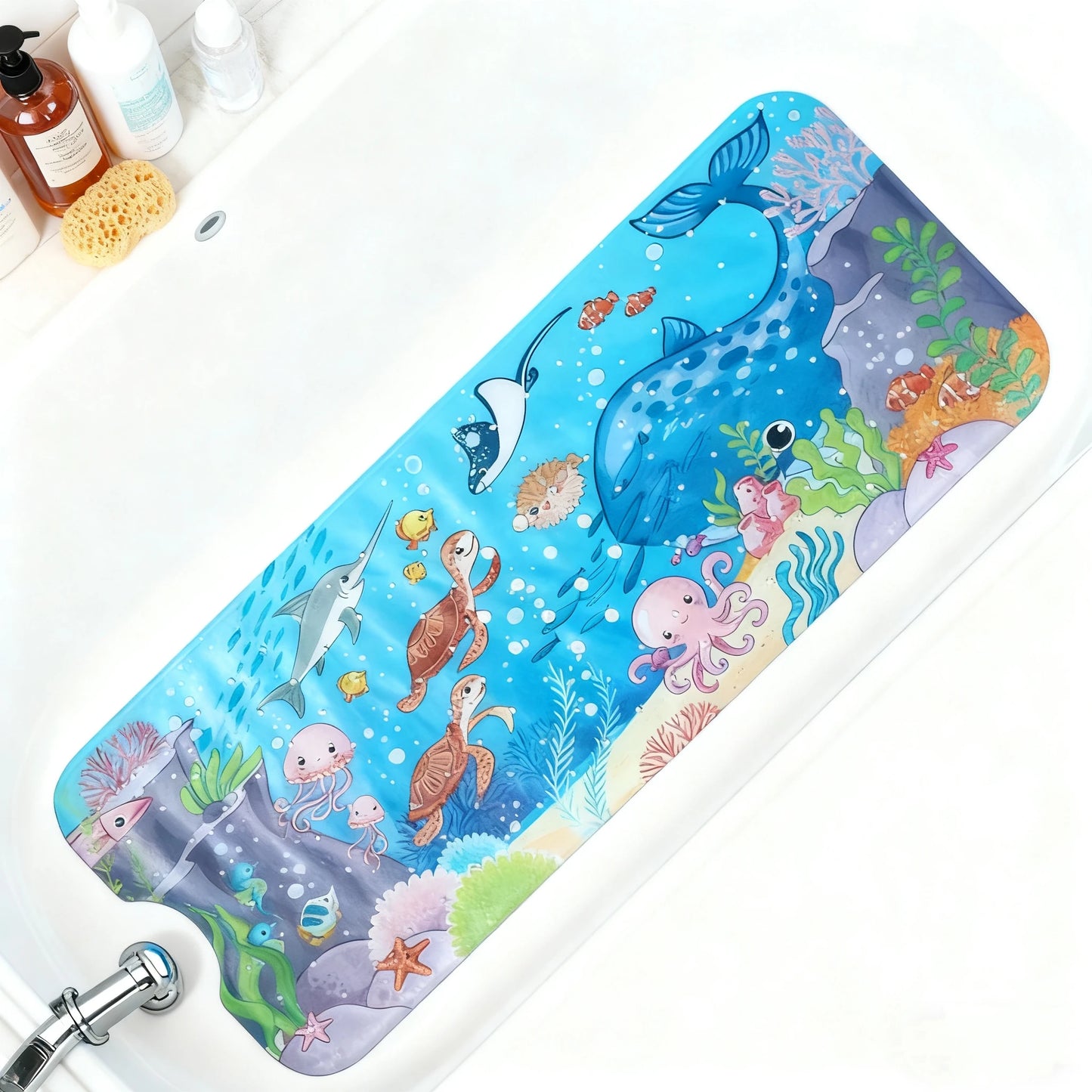 1pc Non Slip Bathtub Mats, 40x100cm Cartoon Ocean Bath Mats with Suction Cups & Dran Holes, PVC Shower Mats Bath Rugs Quick Dry