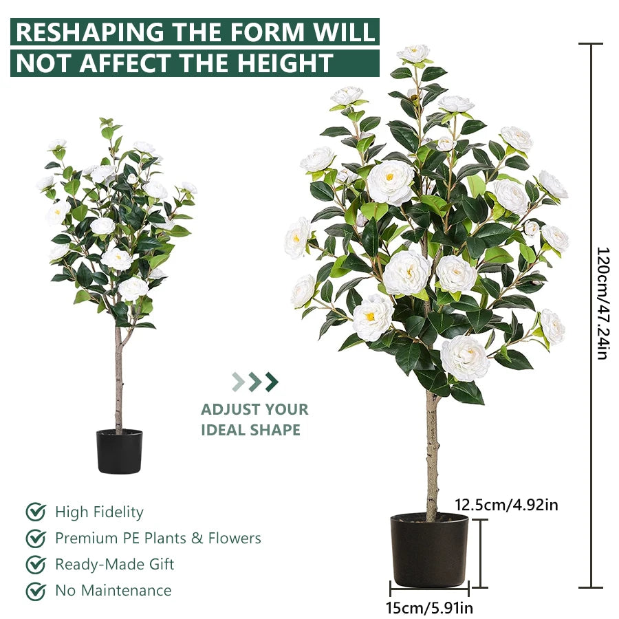 Artificial Tree Artificial Camellia Tree 120cm/47.24in  Fake Bonsai Plant Removable Fake Flower Tree Party Christmas Home Decor
