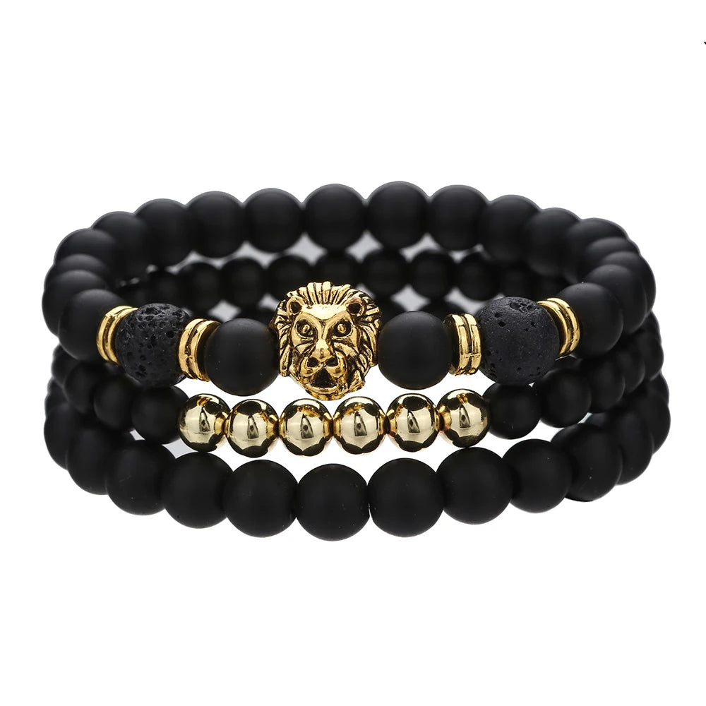 Vintage Lion Head Beaded Bracelets Men Obsidian Lava Stone Dog Paw Charm Bracelets & Bangles for Women Friendship Jewelry Gift