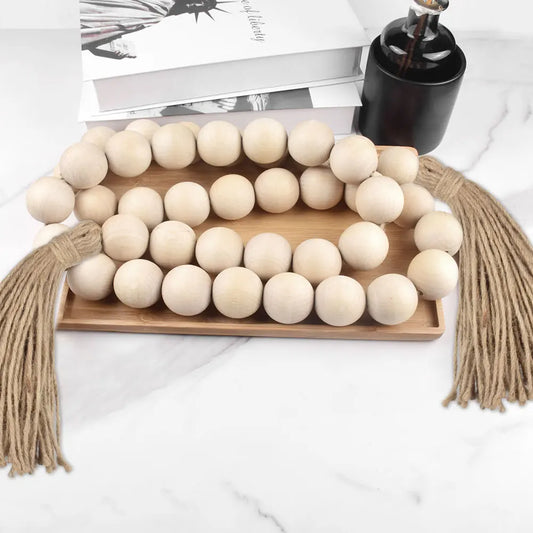 DIY Wood Bead Garland with Tassels Natural Rustic Wooden Prayer Boho Beads For wall hanging decor Vase Door Tiered Tray Decor