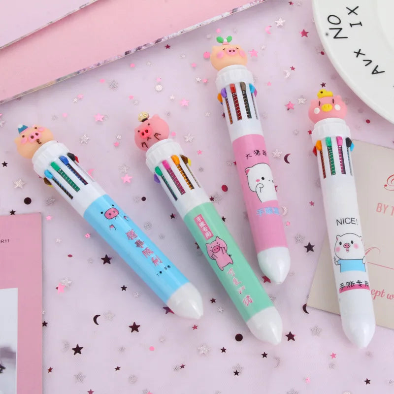 Hemasa New Girl'S Heart Creative Cartoon Silicone 10-Color Ballpoint Pen Kawaii Cartoon Students Multi-Color 0.5mm Stationery Gifts