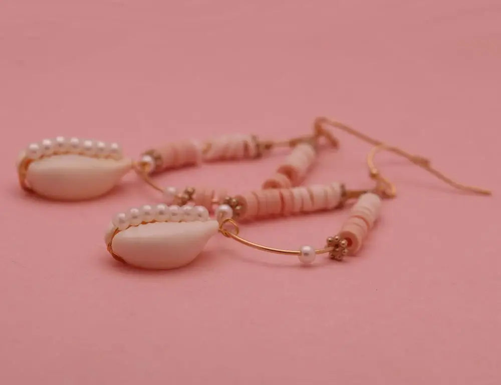 Hemasa Boho Polymer Clay Heishi Beads Cowrie Seashell Hook Earrings Women Girl (Set of 2)