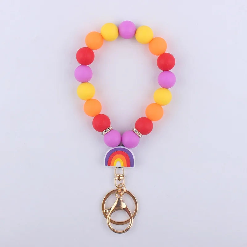 Food Grade Silicone Round Beaded Keychain Fashion Women Wristlet Bracelet Keyring For Anti-Loss Lobster Clasp Keychain Jewelry
