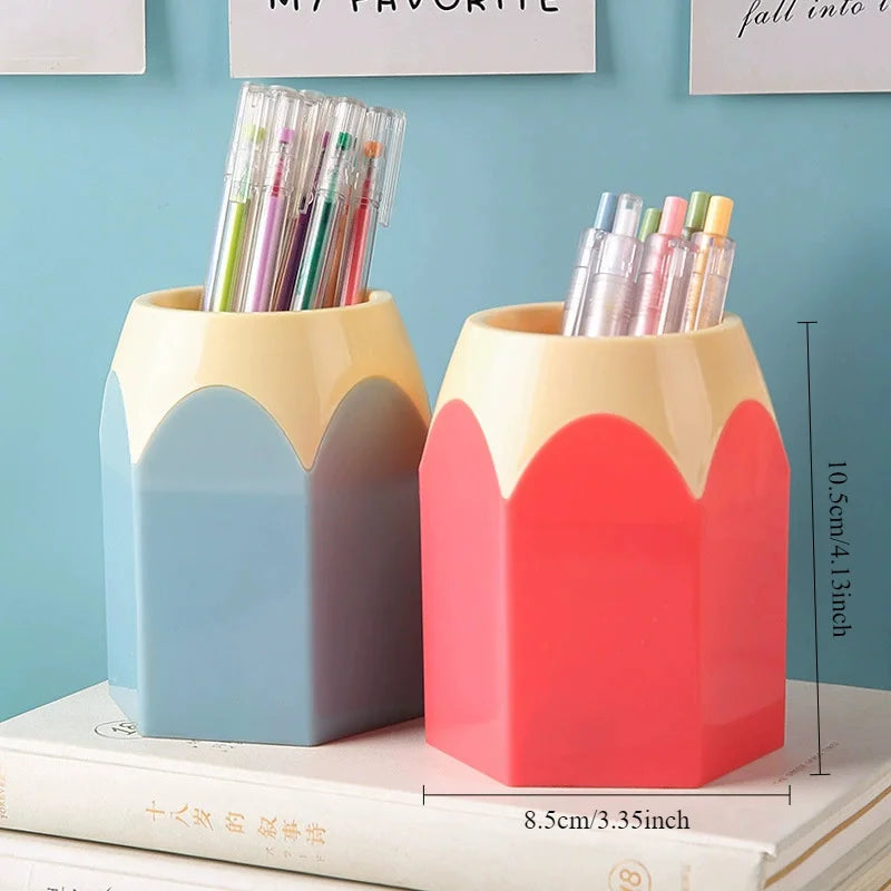 Tejesa 9/6pcs Cartoon Pencil-Shaped Desk Organizer Set | PE Plastic Pen Holder with Cup and Box, Office Colorful Stationery Storage