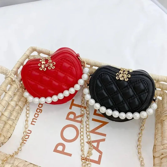 New Small Heart Coin Wallet Pouch Baby Girls Party Pearl Hand Bags Kids Purses Chic Crossbody Bag Ladies Chain Shoulder Bags