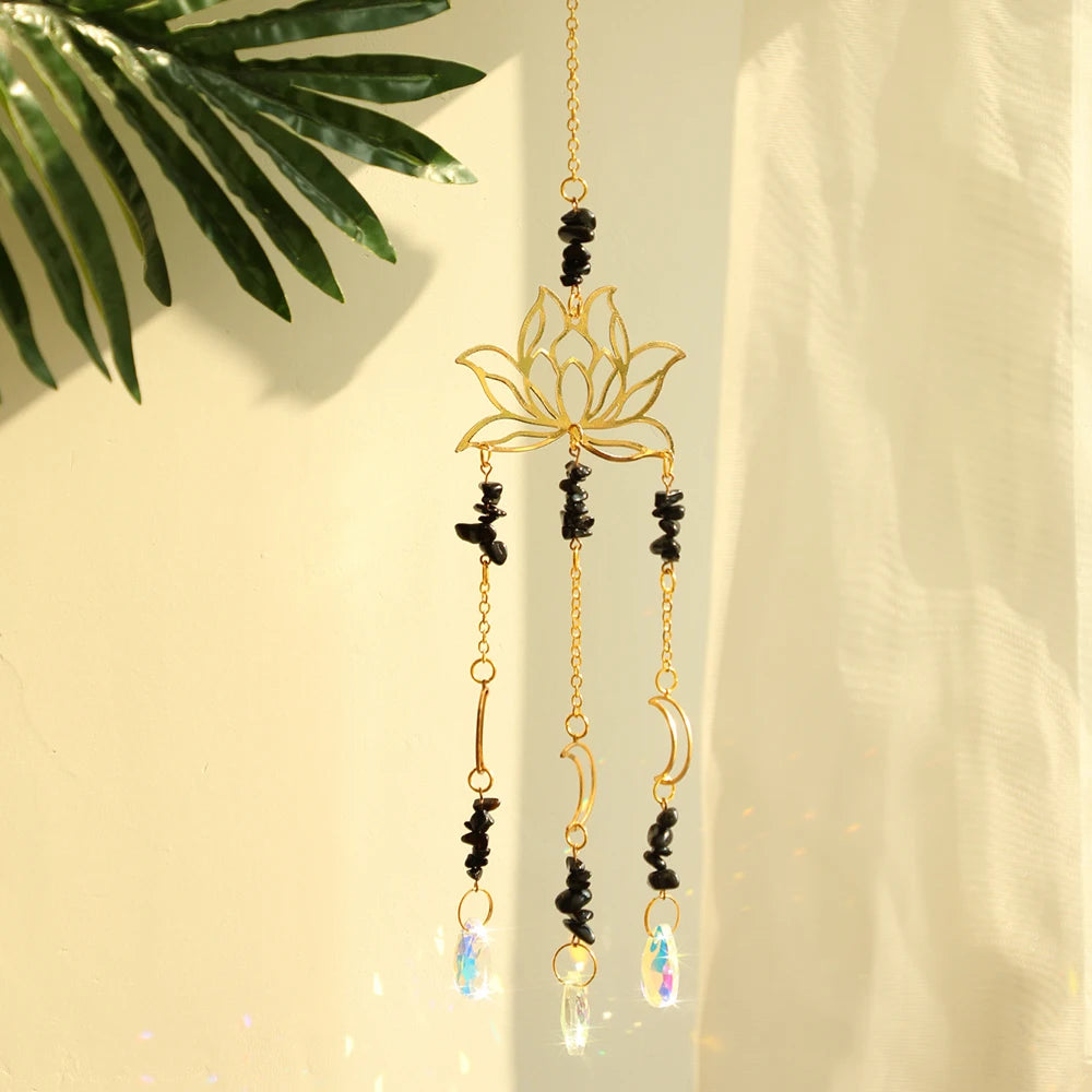 Hemasa Crystal Suncatcher Lotus Moon Black Stone Hanging Window Decor Stained Glass Rainbow Maker Boho Home Decoration