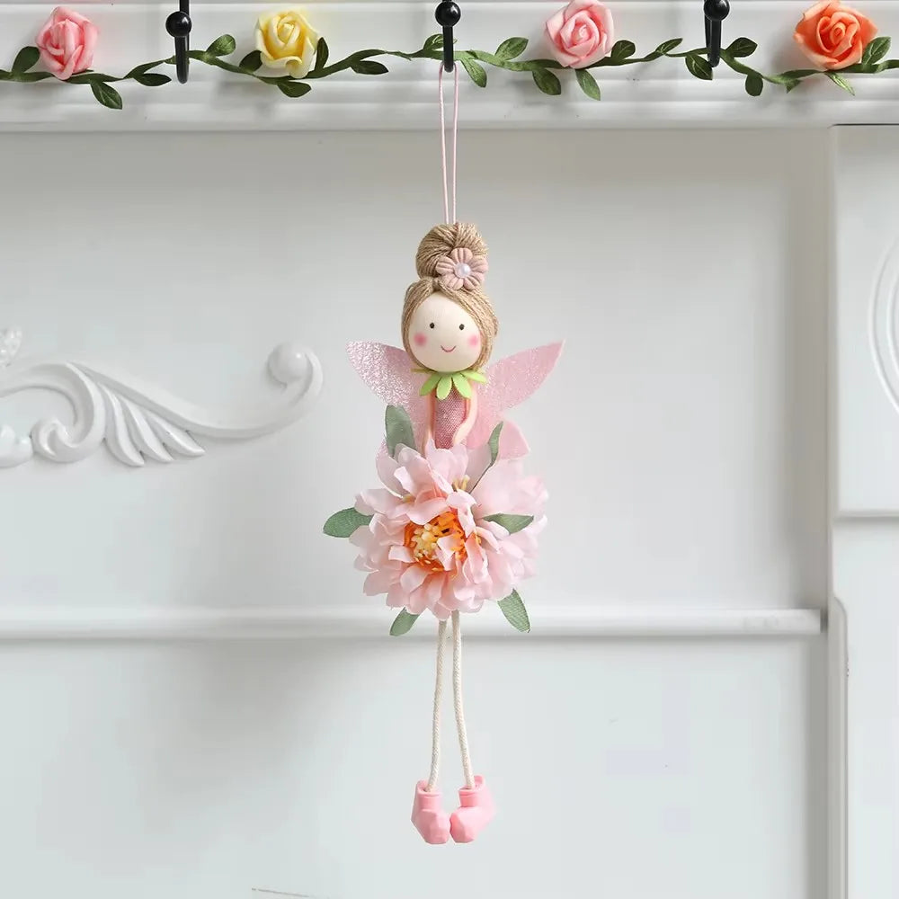 New Plush Flower Fairy Bunny Rabbit Dolls Hanging Ornaments Pink White Yellow Green Kids Girls Gifts Easter Home Decor