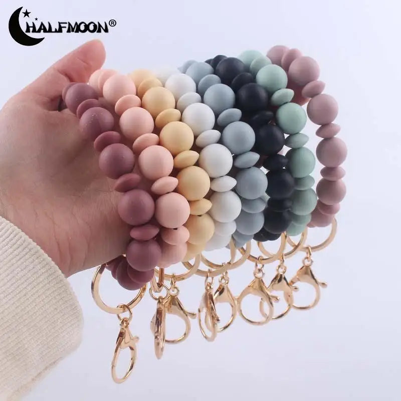 Food Grade Silicone Round Beaded Keychain Fashion Women Wristlet Bracelet Keyring For Anti-Loss Lobster Clasp Keychain Jewelry