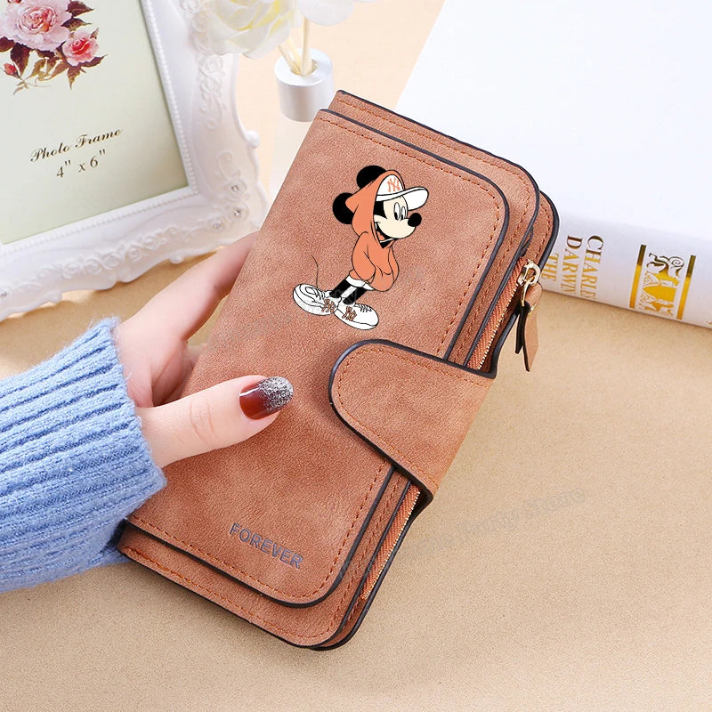 Mickey Minnie Mouse Pu Leather Wallet Women Zipper Frosted Coin Purse Ladies Credit ID Card Holder Disney Versatile Long Wallet