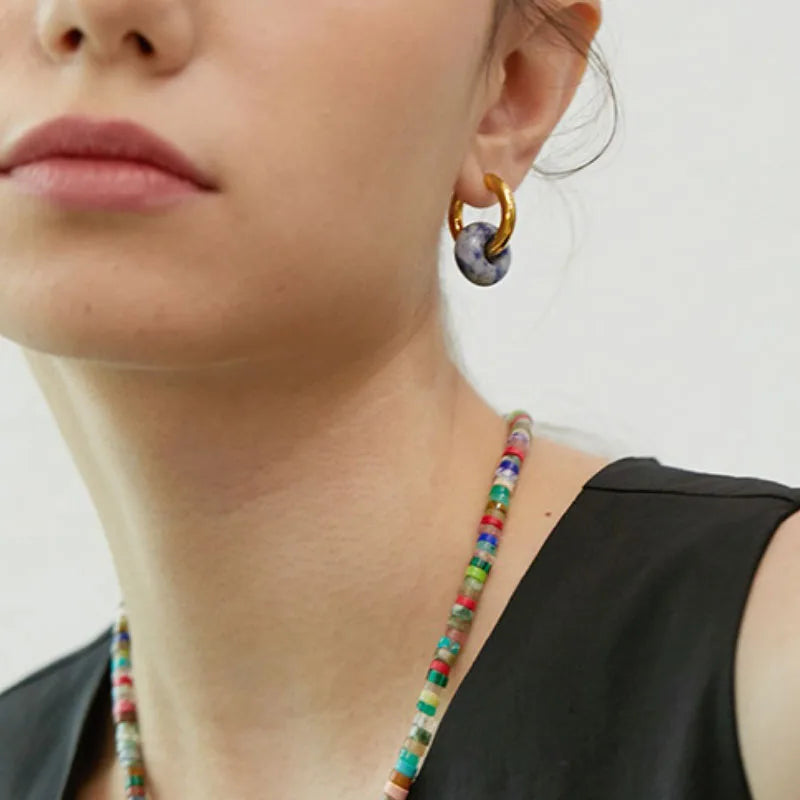 Fashionable Minimalist Natural Stone Donut Earrings For Women Stainless Steel Ear Clips High-end Earlobes Accessories Female