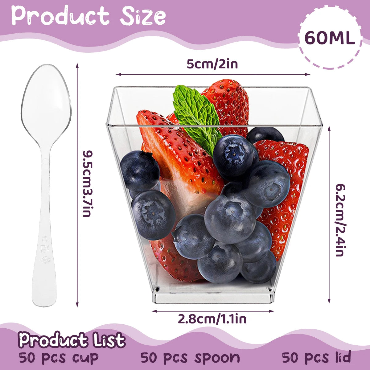 50Pcs 60ml Mini Dessert Cups Clear Plastic Party Ice Cream Cups with Lids Spoons Reusable Serving Bowl for Tasting Appetizers