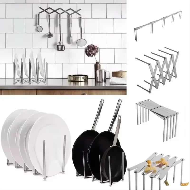 Tejesa  1pc Pot Lid Rack Pan Lid Organizer Retractable Foldable Stainless Steel Plate Holder Shelf Tableware Storage Kitchen Gadgets