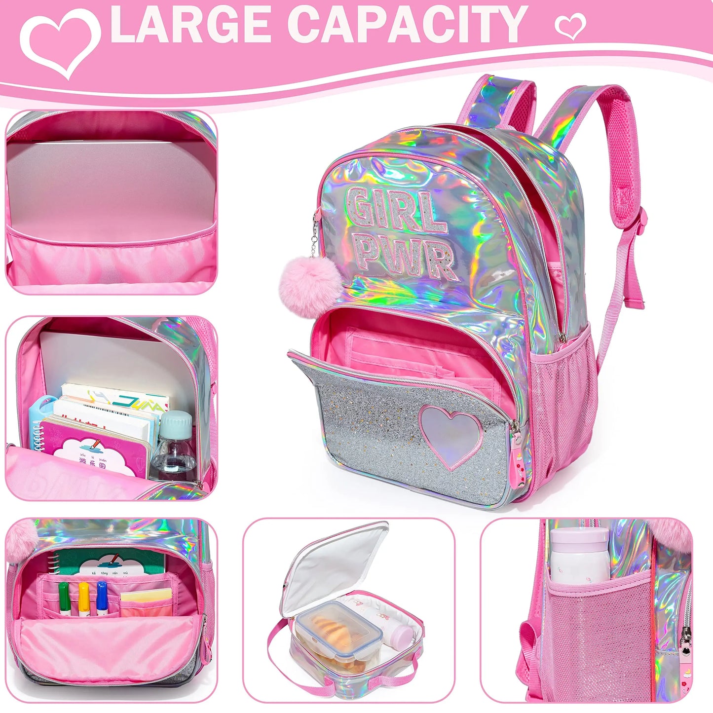 Backpack for Girls School Backpacks Kids Clear Bookbag for Elementary Kindergarten Students Full Size Travel Bag with Lunch Box