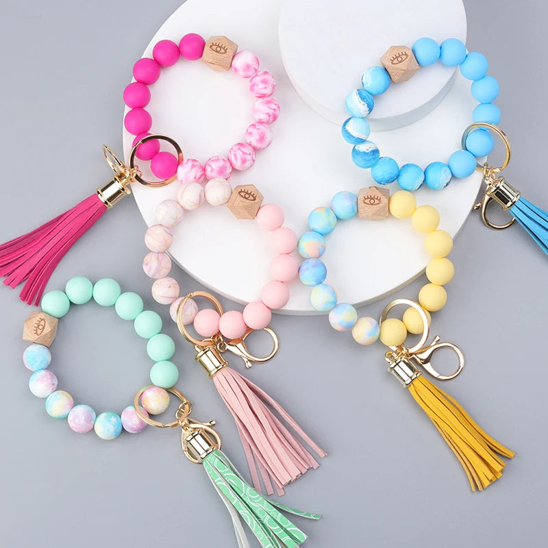 Colored Silicone Bead Bracelet PU Tassel Keychain Wristlet Bracelet Pendant Keychain Woman Man Jewelry Accessories Gifts