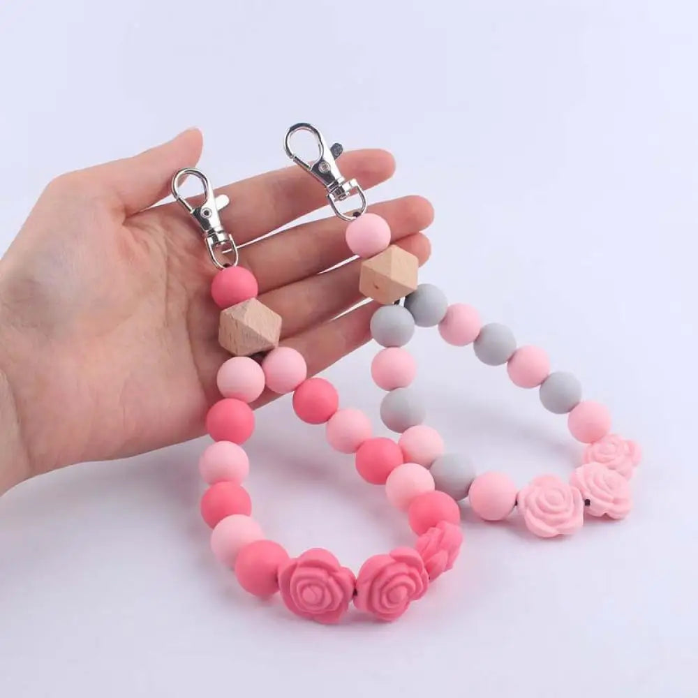 Hemasa Colorful Rose Silicone Beads Keychain Lobster Clasp Bracelet Keyring For Women