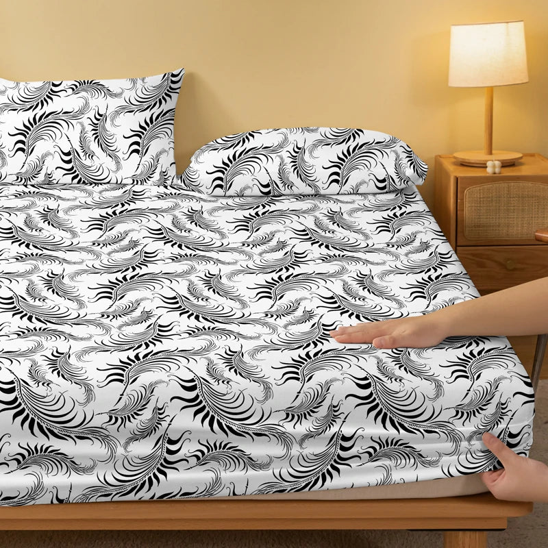 1 Simple modern Feather printed matte Fitted Sheet, bedroom printed bed cover, bedding (excluding pillowcases)