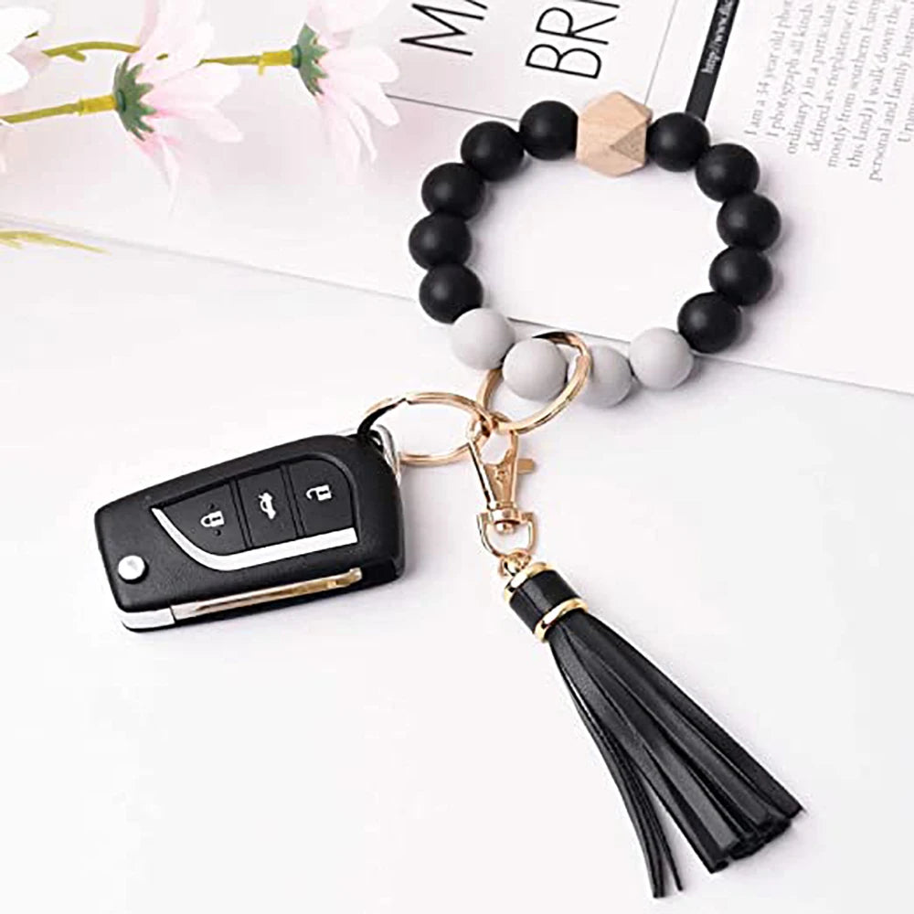 Hemasa Key Ring Bracelet Car Keychain Holder Wristlet / Silicone  Beaded Bangle Chains With  Leather Tassel
