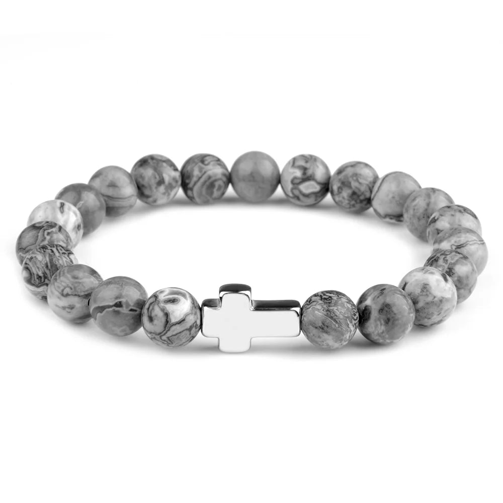 Hemasa Natural Stone Cross Bracelets Hematite Stainless Steel Cross Elastic Rope Map Lava Bead Bracelet For Men Women Charm Jewelry
