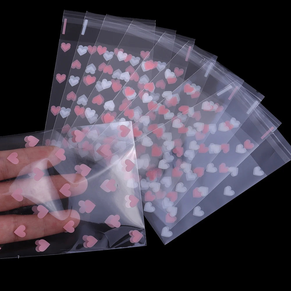 50pcs/lot Heart Transparent Self Sealing Bag Pink White Love Pattern Plastic Bag Candy Cookie Storage Bag Jewelry Packaging Bag