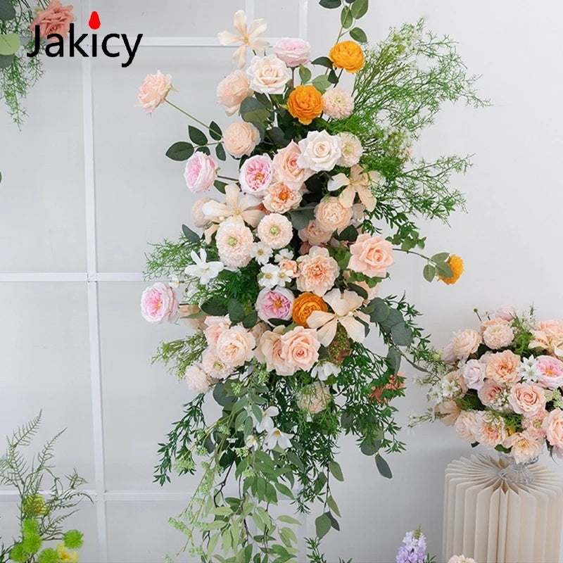 Luxury Champagne Rose Peony Green Leaf Table Runner Floral Event Road Lead Floor Flower Wedding Arch Deco Flower Row Arrangement