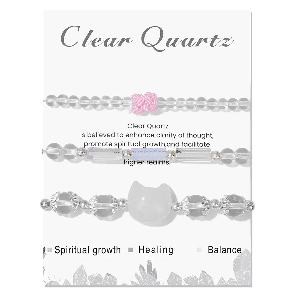 3pcs/set Natural Stone Tiger Eye Turquoises Bracelet Rose Quartzs Crystal Beads Charm Bracelets Cat Head Jewelry for Women Gift