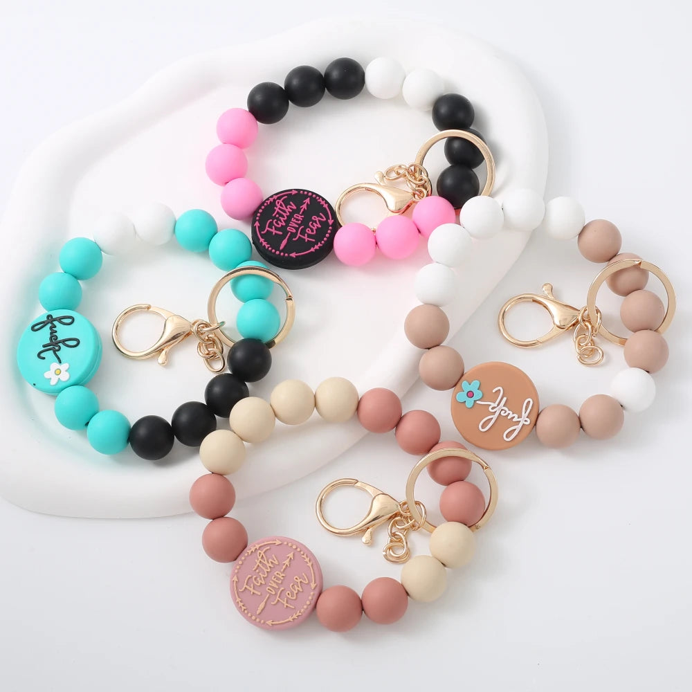 Fashion Bracelet Keychain Colorful Silicone Beaded Keyring Women Girl Car Bag Key Accessory Pendant Valentine's Day Jewelry Gift