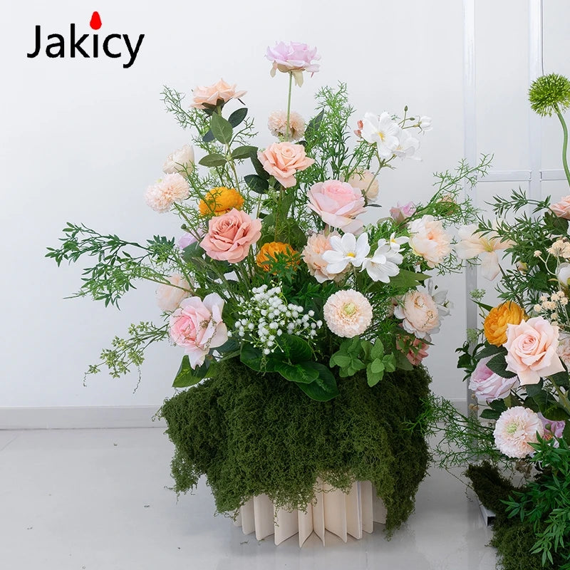 Luxury Champagne Rose Peony Green Leaf Table Runner Floral Event Road Lead Floor Flower Wedding Arch Deco Flower Row Arrangement