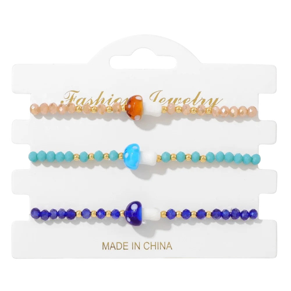 Tejesa 3pcs Handmade Crystal Glass Beads Bracelet Cute Mushroom Charm Bracelets for Women Girls Lucky Fashion Set Jewelry Gift 3x4mm