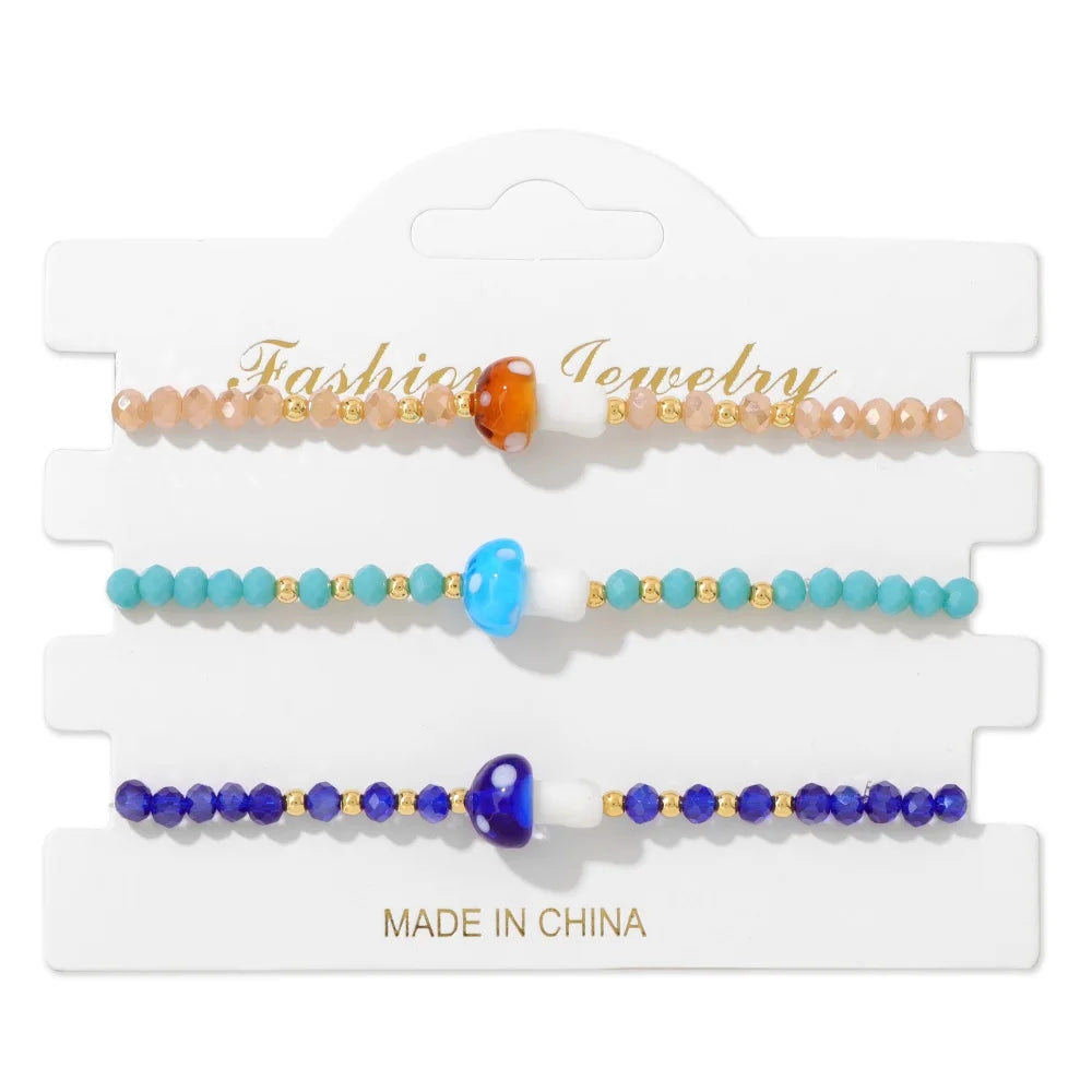 Tejesa 3pcs Handmade Crystal Glass Beads Bracelet Cute Mushroom Charm Bracelets for Women Girls Lucky Fashion Set Jewelry Gift 3x4mm