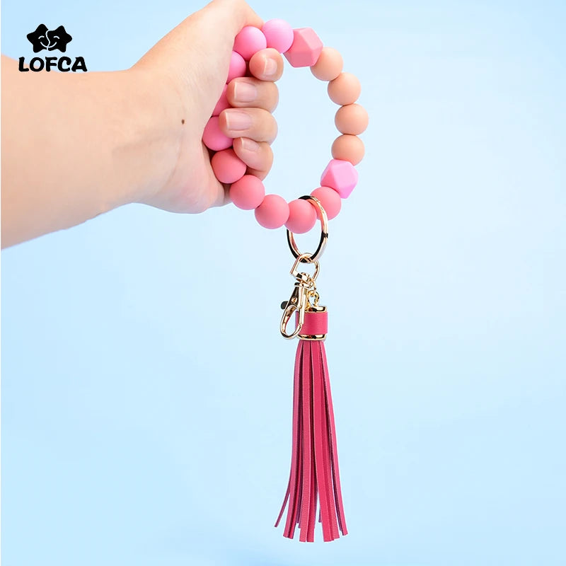 LOFCA Silicone Key Ring Bracelet Women Beaded Bangle Keychain Walletchain Wristlet Leather Tassel Silicone Beads BPA Free
