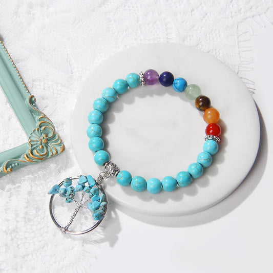 7 Chakra Tree of Life Pendant Bracelets 8mm Blue Turquoise Bead Bracelets Bangles Women Yoga Healing Jewelry Gifts Wholesale