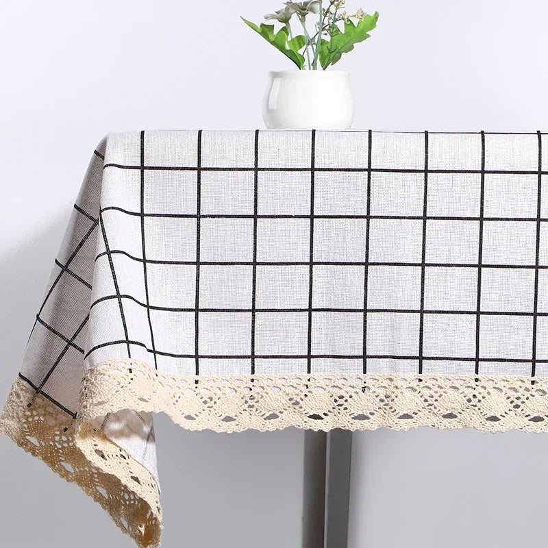 Tablecloth, Washable Cotton Linen Fabric Tassel Table Cloth Dust-Proof Embroidery Table Cover for Kitchen Dinning Farmhouse