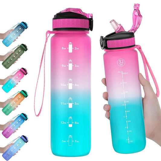 1L  Sports Water Bottle with Time Marker  with Straw for Office Exercise Gym Outdoor