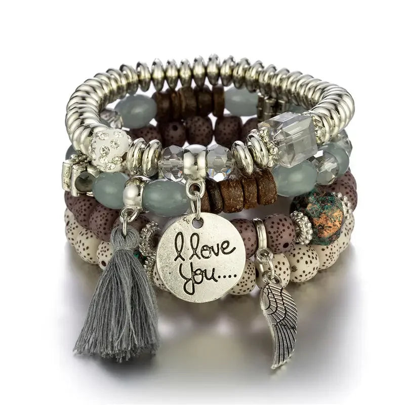 4Pcs Bohemian Beaded Bracelet Set For Women I Love You Letter Round Wing Tassel Charm Elastic Chain Bangle Girls Boho Jewelry