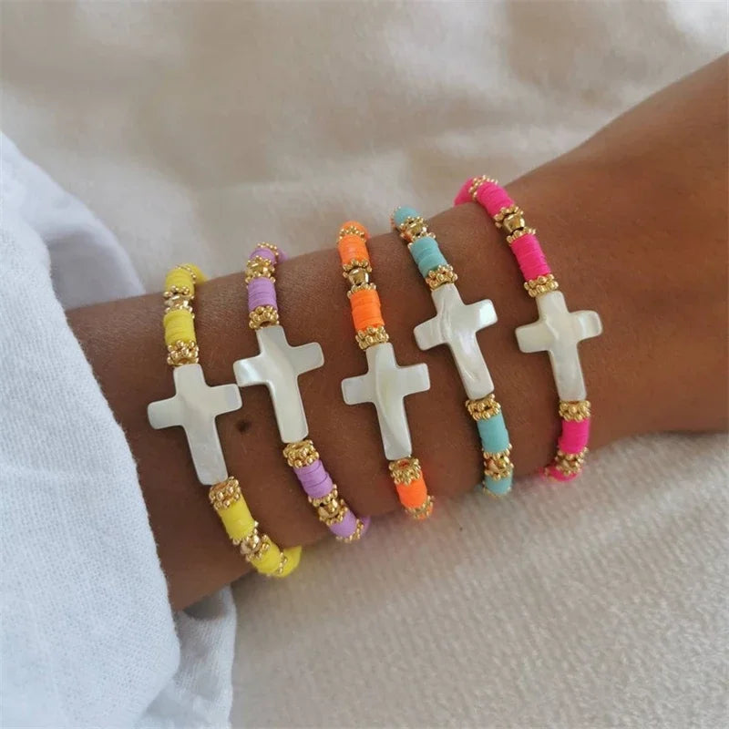 CCGOOD Natural Shell Cross Bracelets for Women Multi-color Heishi Bracelet Boho Christian Jewelry Clay Beads Elastic Pulseras