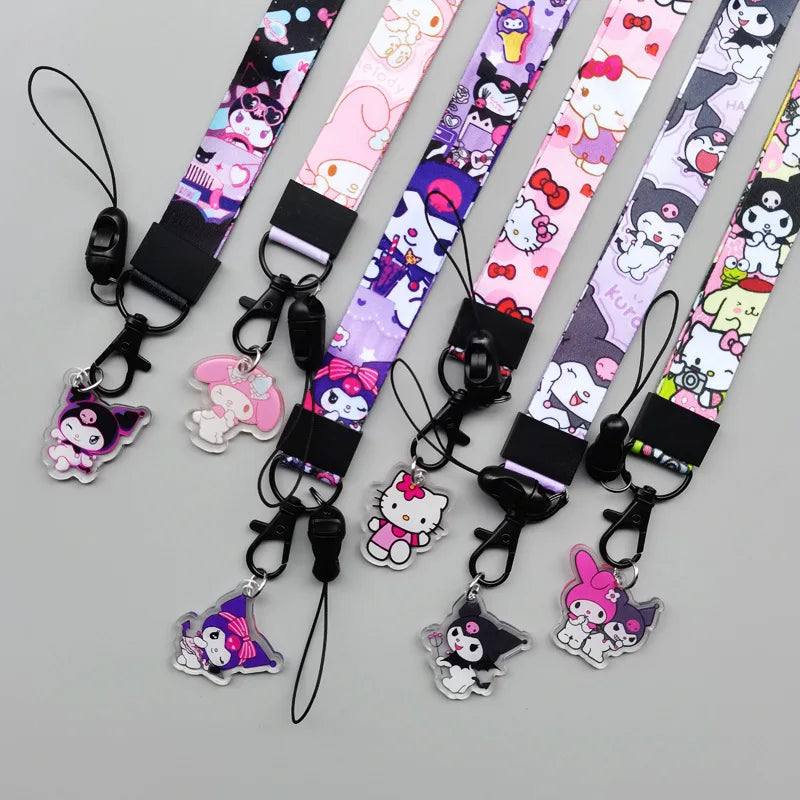Anime Hellokitty Phone Lanyard Cartoon Flat Woven Strap Kawaii Kuromi My Melody Cospaly Kids Toys Birthday Gifts