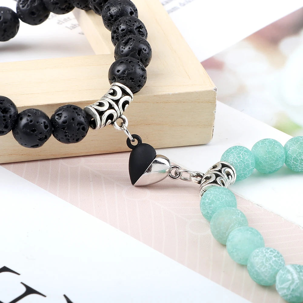 Hemasa 2pcs/set Heart Magnetic Stone Beads Stretchable  Bracelets