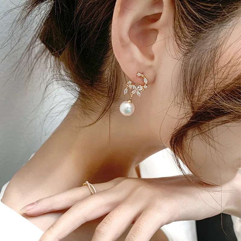 Korean Elegant Imitation Pearl Stud Earrings For Women Exquisite Design Crystal Zircon Flower Earring Wedding Party Jewelry