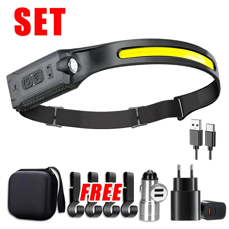 Hemasa LED COB Induction Headlamp USB Rechargeable Lamp with Built-in Battery Camping Fishing Running Headlight Working Lantern