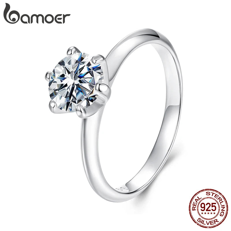 BAMOER Gold Plated Solitaire Six Prong Moissanite Engagement Ring, 925 Sterling Silver Moissanite Wedding Band for Women