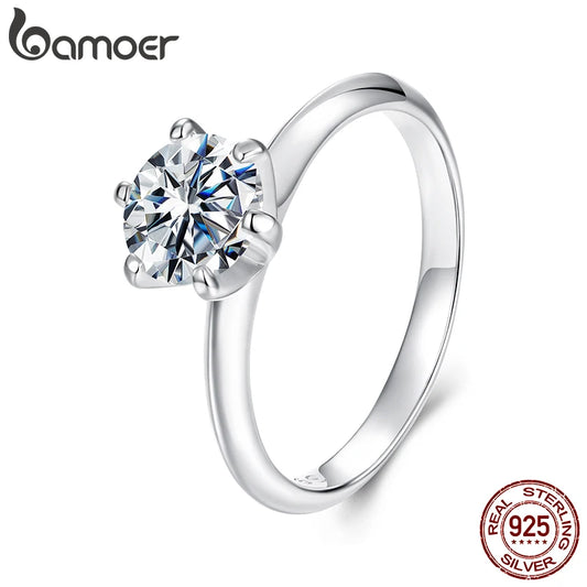 BAMOER Gold Plated Solitaire Six Prong Moissanite Engagement Ring, 925 Sterling Silver Moissanite Wedding Band for Women