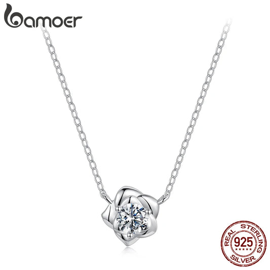 BAMOER 0.5CT Moissanite Rose Flower Pendant Necklace 925 Sterling Silver Round Cut Diamond O-Chain for Women Valentine's Day