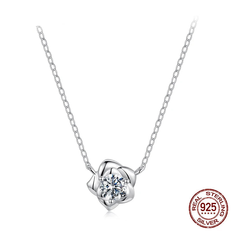 Tejesa 0.5CT Moissanite Rose Flower Pendant Necklace/ 925 Sterling Silver Round Cut Diamond O-Chain for Women Valentine's Day