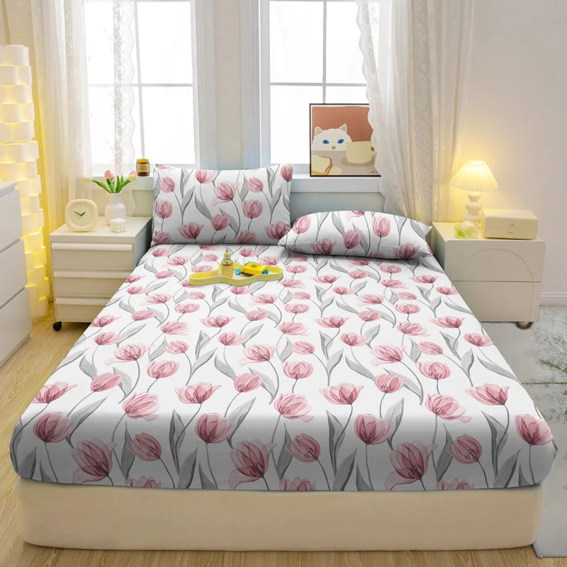 1 Simple Modern Plant Flower Printed Matte Fitted Sheet, Bedroom Printed Bed Cover, Bedding (Excluding Pillowcases)