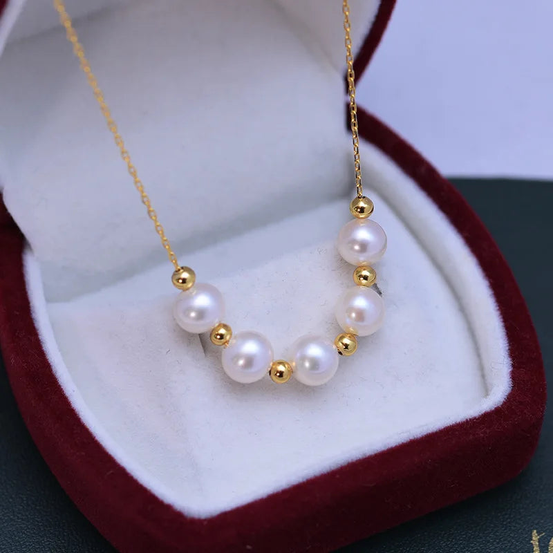 Fresh Water 6-7mm White round Almost Flawless Pearl Pendant S925 Silver Small Gold Spacer Beads Necklace