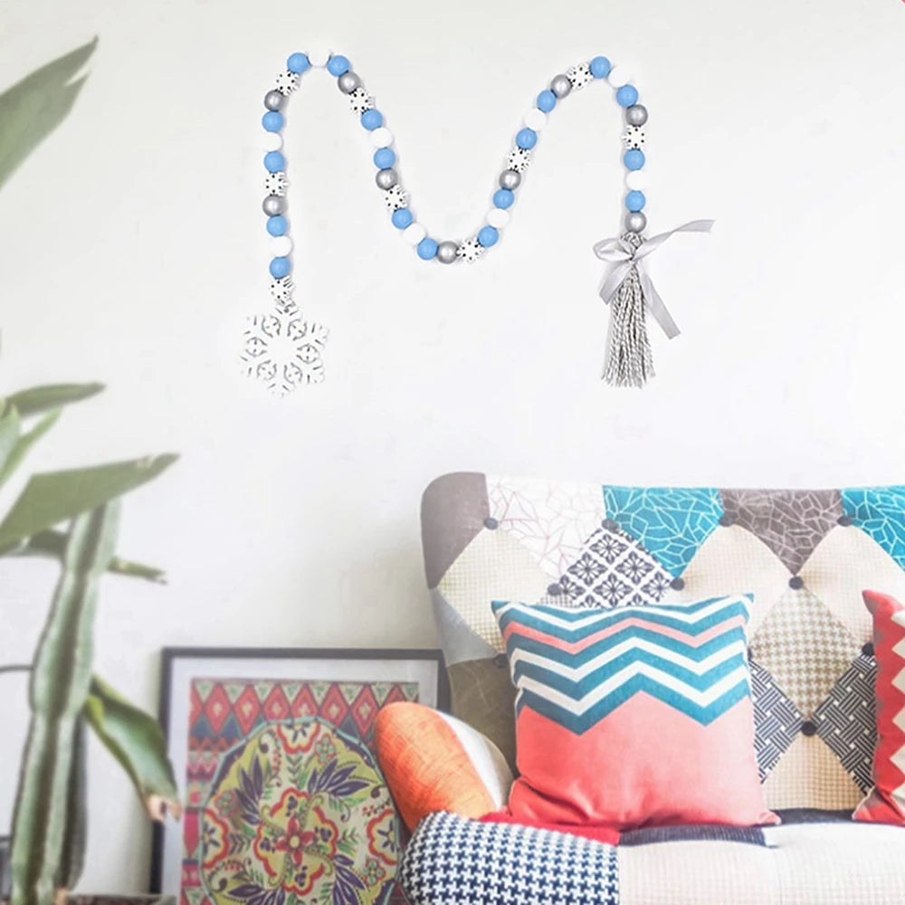 DIY Christmas Wooden Tassel Beads Garland With Wooden Snowflake Car Pendant Wall Hanging Ornaments Crafts Christmas Decoration