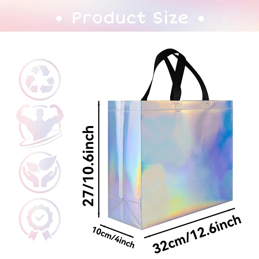 Glossy Rainbow Gift Bag 6/12Pack, 12.6x4x10.6 Inch Reusable with Handles & Base for Birthday Wedding Christmas Party