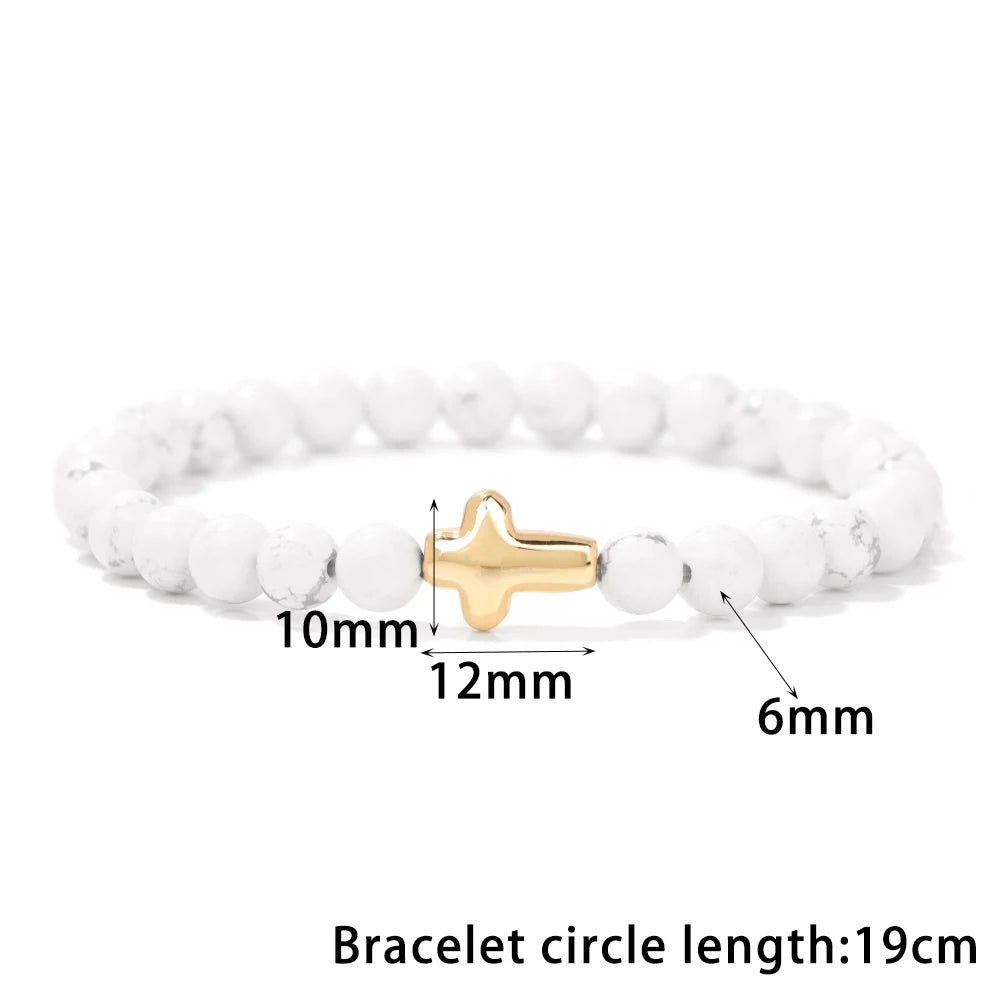 Tejesa 6mm Amethysts Bracelet Gold Color Jesus Cross Natural Stone Tiger Eye Opal African Turquoises Elastic Bracelets For Women Men