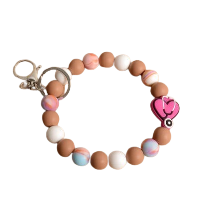 Hemasa Personalized Bangle Silicone Bead  Stretch Wristlet bracelet/ Keychain with  Keyring Gift for Teacher Mom Nurse Gift