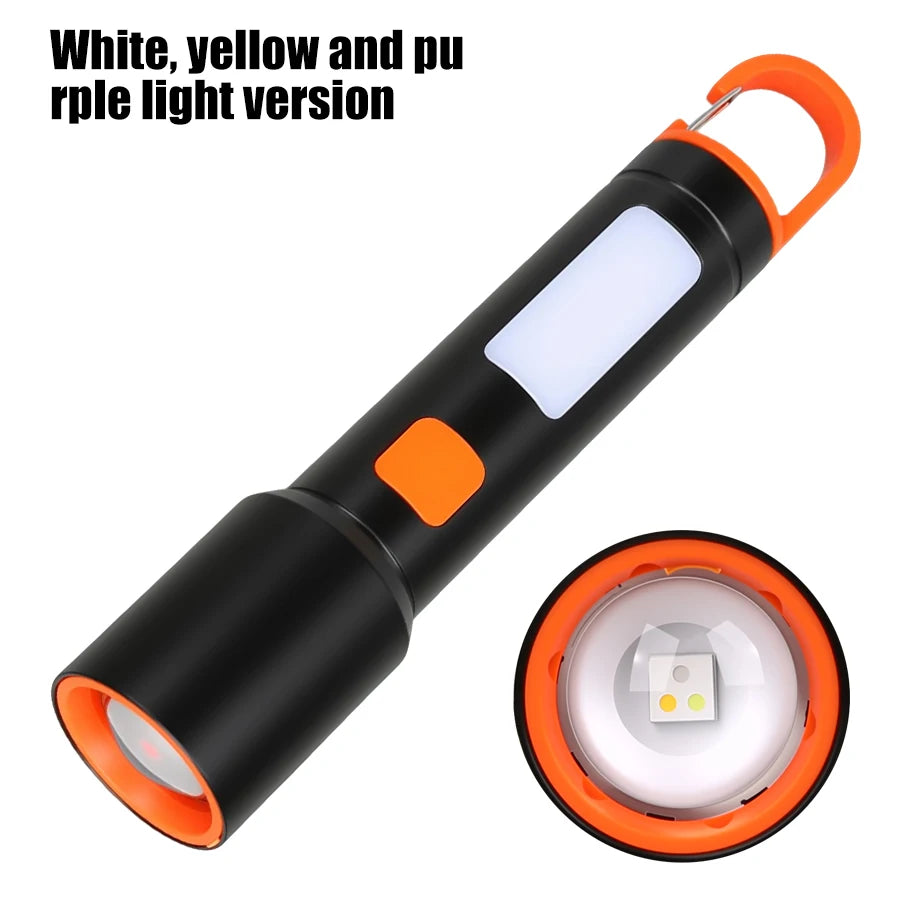 Hemasa LED COB Super Bright Flashlight USB Rechargeable Torch 1-3 Optional Light Sources Outdoor Waterproof Emergency Light with Hook